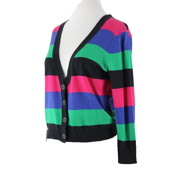 Spense Knits $58 Sz S Black Multi Striped 100% Cotton Cardigan Sweater - Picture 1 of 16